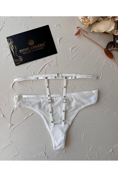 İntive Lingerie Women's High Waist Ribbon Detailed Net Cotton Ring Detailed Tulle Thong
