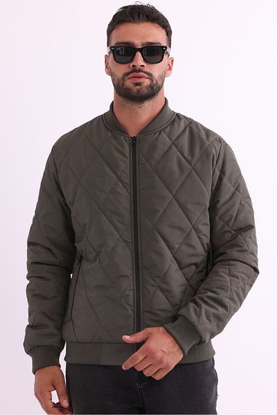 RİVERCLUP Men's Khaki College Collar Windproof Quilted Pattern Fiber Seasonal Sports Coats