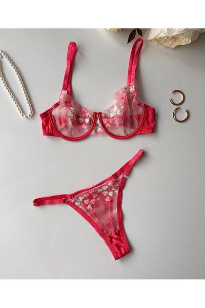 İntive Lingerie Daniela Γυναικείο Σετ Σουτιέν με λουλούδια με λουλούδια με λουλούδια με λεπτομέρεια Transpran Sexy Double Bra Set