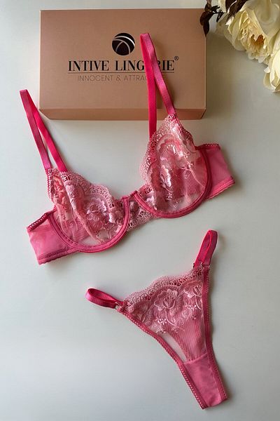 İntive Lingerie Σέξι σουτιέν στρινγκ με ροζ λουλούδια με εσώρουχο Pinky Flower