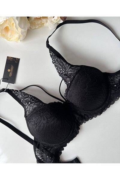 İntive Lingerie Σετ εσώρουχα Push-up Ruched Underwire Rhinestone Claret Red - Μαύρο σχοινί με λεπτομέρειες