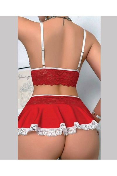 İntive Lingerie Bella Women's Lace Mini Skirt Garter Bra Thong Skirt Stocking Set