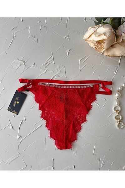 İntive Lingerie Women's Waist Shiny Stone Lace Mesh Cotton Striped Thong