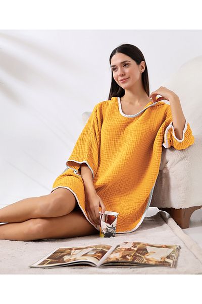 destinyhometex Γυναικείο πόντσο για ενήλικες με κουκούλα μουσελίνας 4 στρώσεων μουστάρδας