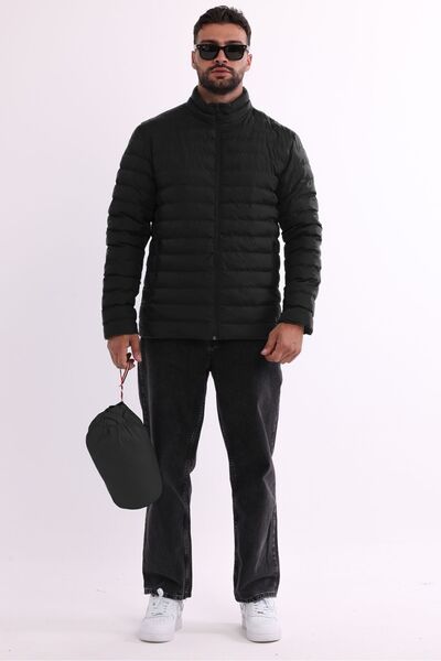 RİVERCLUP Leichter, aufblasbarer schwarzer Herrenmantel – tragbar, winddicht, warm, mit Fasern gepolstert