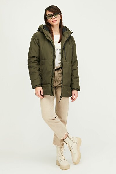 QAWWA Women's Khaki Lined Hooded Windproof Puffer Winter Jacket