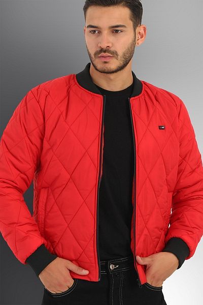D1fference Red Men's Sports Jacket - College Collar, Water and Windproof, Quilted Pattern, Fiber Filled