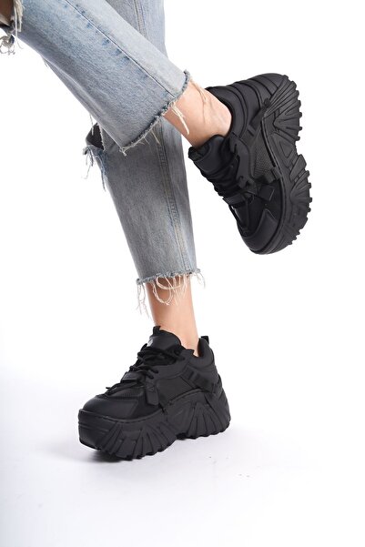 Limeo Siyah Cilt Bağcıklı Yüksek Taban Günlük Kadın Sneaker Spor Ayakkabı