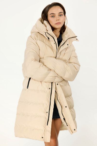 QAWWA Dámský béžový nafukovací dlouhý zimní kabát s kapucí a větruodolný bunda
