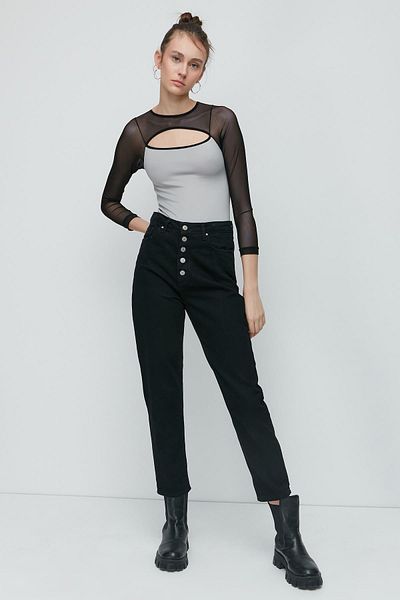 C&City Langarm-Fantasie-Body mit Tülldetail 9153 Grau
