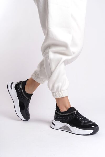 Limeo Black Ankle Stoned Stripe Detailed Soft Comfortable High Sole Sneakers Women's Sports Shoes