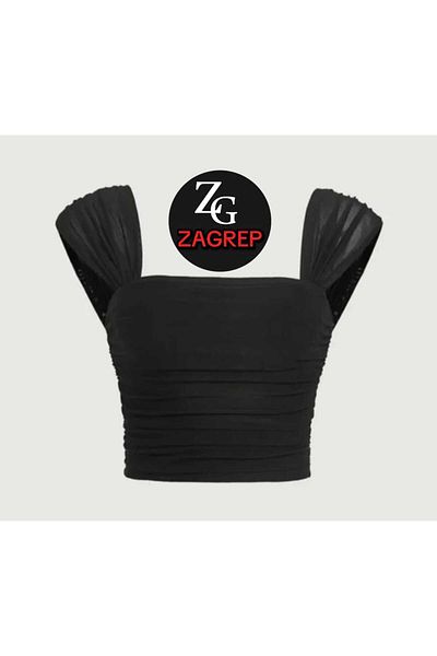 Zagrep Women's Black Crop Bustier Gathered Draped Sleeves Silk Jersey Crop Bustier