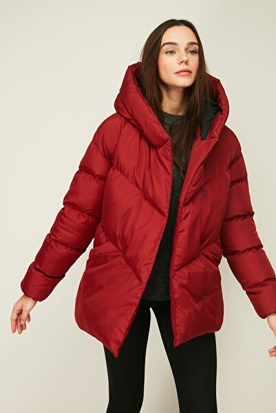 QAWWA Women's Red Fiber Hooded Windproof Puffer Winter Jacket
