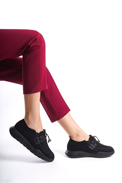 Limeo Black Suede Perforated Lace Detailed Medium High Sole Daily Women's Casual Sports Shoes
