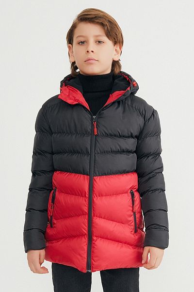 QAWWA Schwarz-roter, winddichter, wasserabweisender Jungen-Sportmantel mit Kapuze