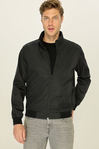 RİVERCLUP Men's Black Windproof Ultra Light Stand Collar Black Sports Coats