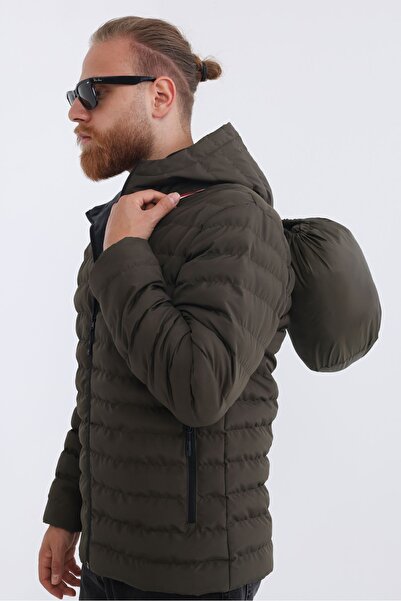 Goccix Ανδρικό αθλητικό παλτό χακί - αντιανεμικό, με κουκούλα, φορητή τσάντα και επένδυση από ίνες