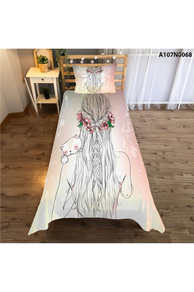 A2ZTR Kedili küçük bir kızın Desenli Yatak Örtüsü,Perde Çift Taraf, Yastık,Kırlent Kılıfı,Halı Ve Tablo