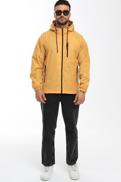 RİVERCLUP Men's Yellow Lined Wind Resistant Hooded Pocket Raincoat