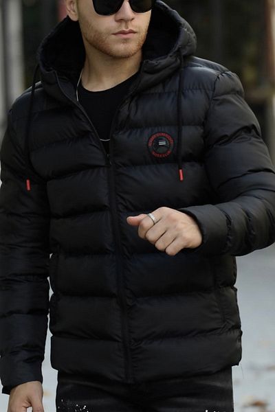 D1fference Schwarzer, dick gefütterter, winddichter, aufblasbarer Winter-Sportmantel für Herren mit Kapuze