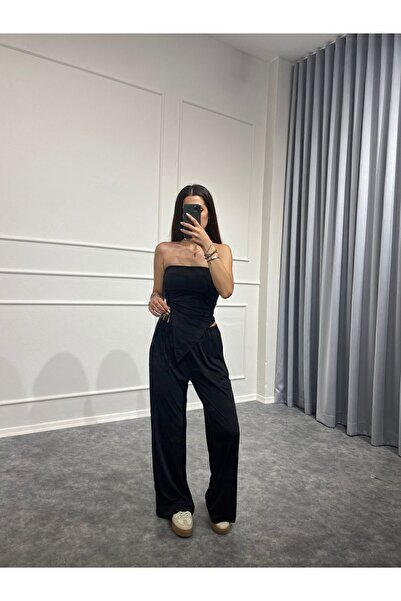 Sobce Μαύρη μπλούζα με κορδόνι και χαλαρό άνετο παντελόνι Γυναικείο διπλό σετ