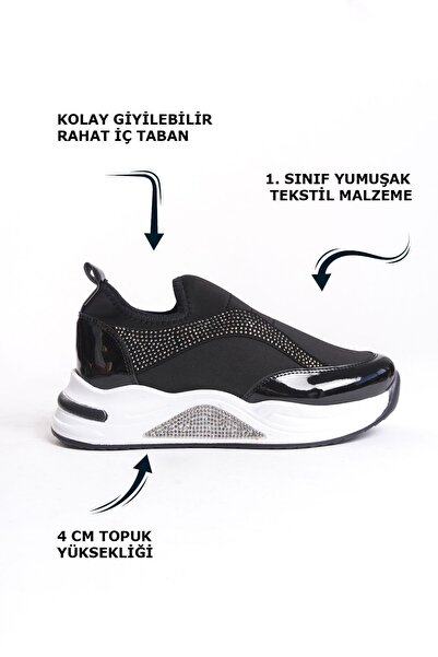 Limeo Black Side Shiny Stone Detailed Soft Comfortable High-Sole Sneaker Women's Sports Shoes