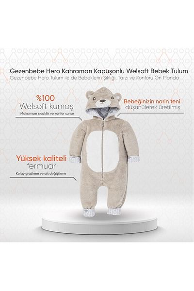 Gezenbebe Hero Hero Welsoft Baby Romper with Hood (12-18 Months) Teddy
