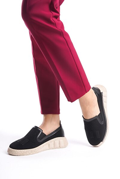 Limeo Black Suede Hole Detailed Side Elastic High Sole Daily Women's Casual Sports Shoes