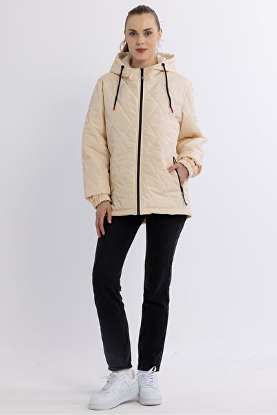 QAWWA Μπεζ Διαμαντένιο Σχέδιο Εξαιρετικά Ανοιχτό Γυναικείο Εποχιακό Παλτό - Με Κουκούλα