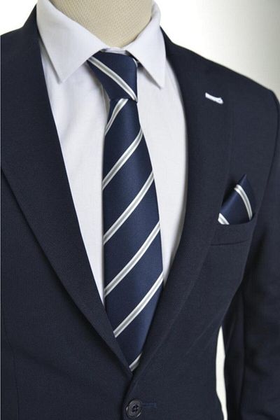 Brianze White Striped Navy Blue Handkerchief Tie