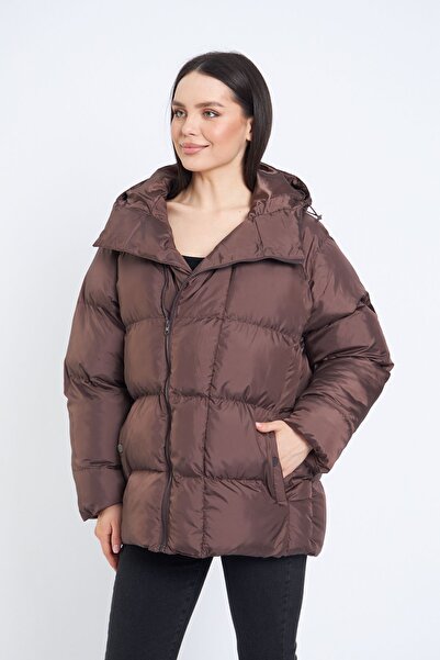 QAWWA Γυναικείο χειμωνιάτικο παλτό με κουκούλα σε καφέ ίνες αντιανεμικό