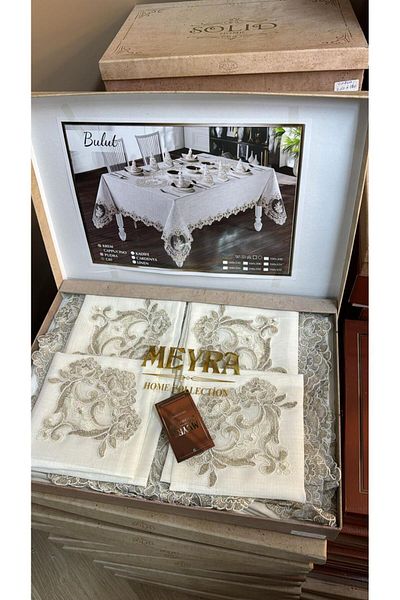 Çt Çeyizci Tekstil Set de sufragerie crem din in - 12 persoane, 26 piese, fata de masa din dantela frantuzeasca