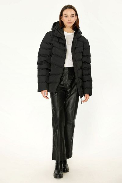 QAWWA Gefütterte, winddichte, schwarze, aufblasbare Winterjacke für Damen mit Kapuze