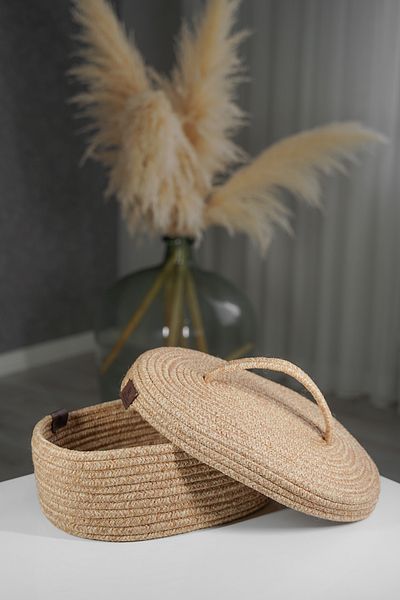 ERSU AHAT HOME DESİGN Jute Wicker Basket with Oval Lid - Hand Woven, Multi-Purpose Bathroom and Kitchen Organizer