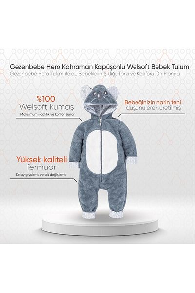 Gezenbebe Hero Hero Patterned Hooded Baby Romper - Welsoft (12-18 Months) Koala