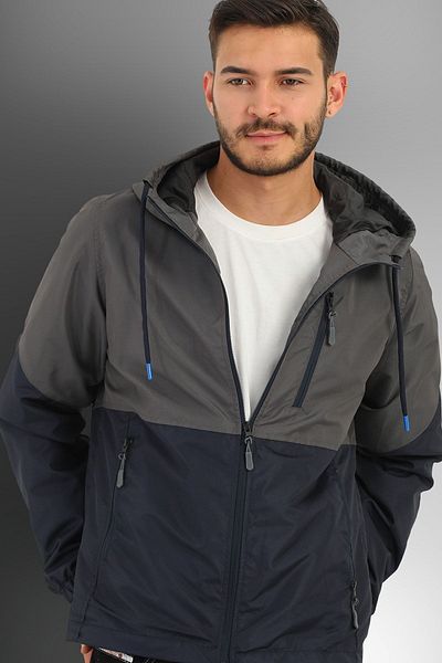 Goccix Men's Anthracite-Navy Blue Two Color Lined Hooded Pocket Sports Raincoat-Windbreaker