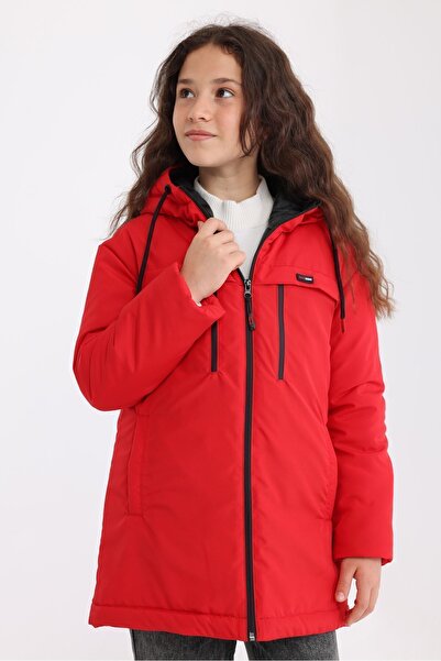 QAWWA Girl's Red Windproof Hooded Parka - Fiber Winter Coat