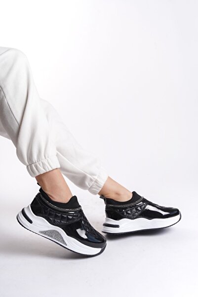 Limeo Black Ankle Stoned Stripe Detailed Soft Comfortable High Sole Sneakers Women's Sports Shoes