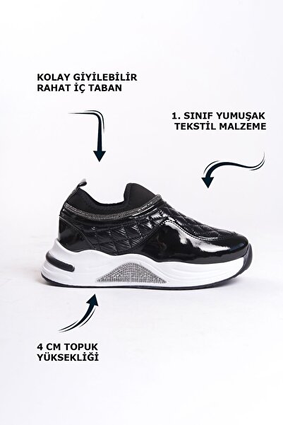 Limeo Black Ankle Stoned Stripe Detailed Soft Comfortable High Sole Sneakers Women's Sports Shoes