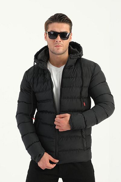 RİVERCLUP Men's Black Lined Hooded Windproof Puffer Winter Jacket