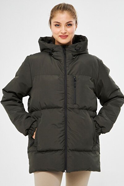 RİVERCLUP Kadın Haki Içi Elyaflı Rüzgar Geçirmez Kapüşonlu Şişme Spor Kışlık ...