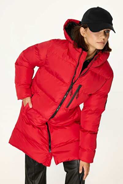 QAWWA Women's Hooded Windproof Red Inflatable Long Winter Coat Parka Coat