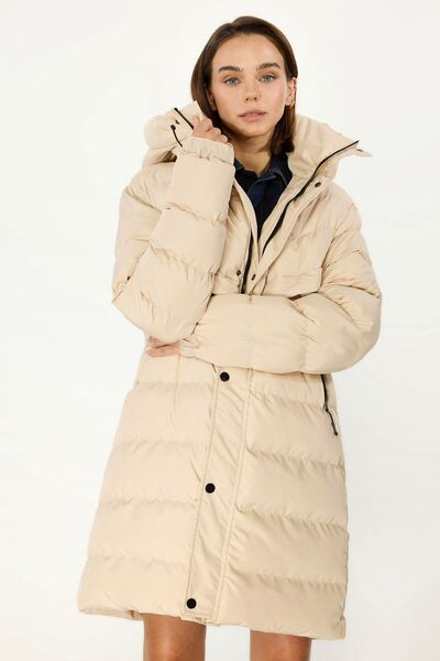 QAWWA Dámský béžový nafukovací dlouhý zimní kabát s kapucí a větruodolný bunda