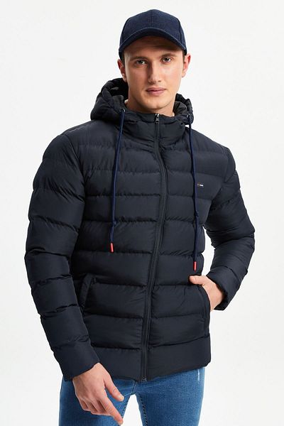 D1fference Ανδρικό πουπουλένιο παλτό Navy Blue - Αντιανεμικό, Αθλητικό Χειμώνα με κουκούλα