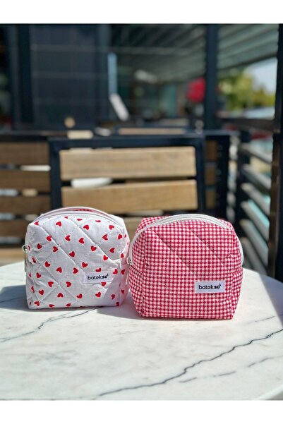 Batekso 2-комплектна мини червена чантичка за грим с мотив на сърца и квадрати - малък размер
