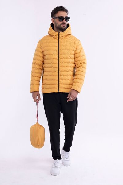 RİVERCLUP Erkek Sarı Rüzgar Geçirmez Kapüşonlu Taşınabilir Çantalı Elyaf Dolg...