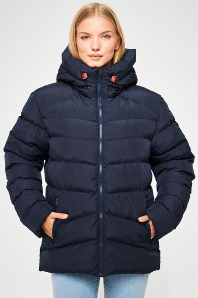 QAWWA Жіноче надувне зимове пальто з підкладкою з капюшоном вітрозахисне темно-синє надувне пальто на підкладці