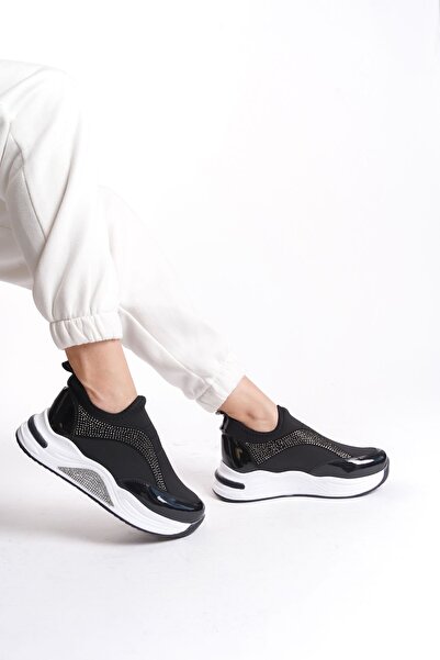 Limeo Black Side Shiny Stone Detailed Soft Comfortable High-Sole Sneaker Women's Sports Shoes