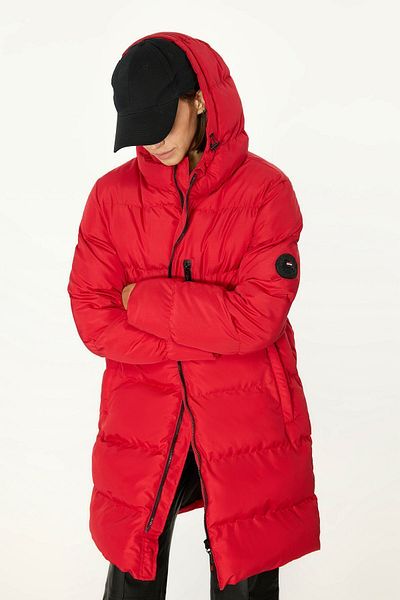 QAWWA Women's Hooded Windproof Red Inflatable Long Winter Coat Parka Coat
