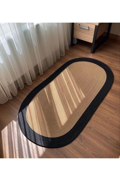 Hasır Oval Jüt El Dokuma Bej Kilim Halı Paspas Yolluk
